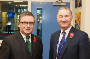 Headteacher, Damian Stenhouse welcomes Robert Buckland MP, to Chritleton High School